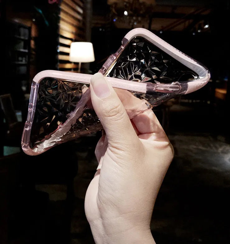 TPU iPhone case with striped back design in three colour options: black, pink with white edge, white with black border