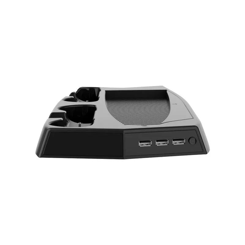 Black PS5 charging cooling base with two controller docks, three USB ports, and cooling fan for PlayStation 5 consoles