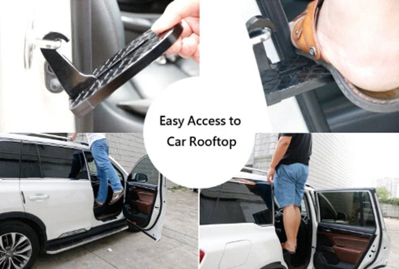 Car Assist Pedal made of aluminum alloy with hooks for attaching to car roof or door frame, providing extra support and stability during maintenance tasks