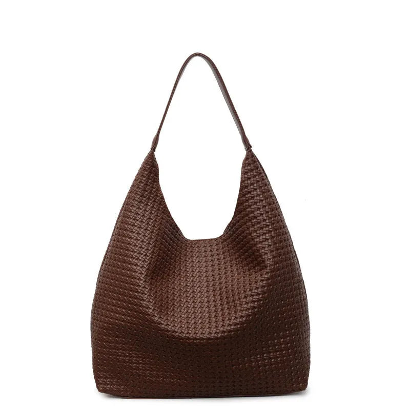 Retro high-grade women's woven tote bag in PU material, square vertical shape, 38x42x13cm, olive green colour