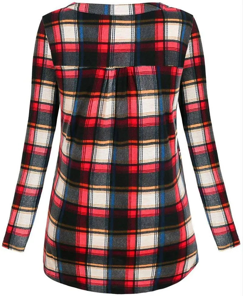 Women's maternity plaid t-shirt with long sleeves and V-neck, shown in black, dark blue, or red.