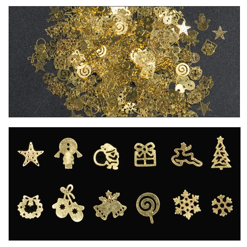 Gold metal Christmas nail art charms, 120 pieces in a box for festive manicures