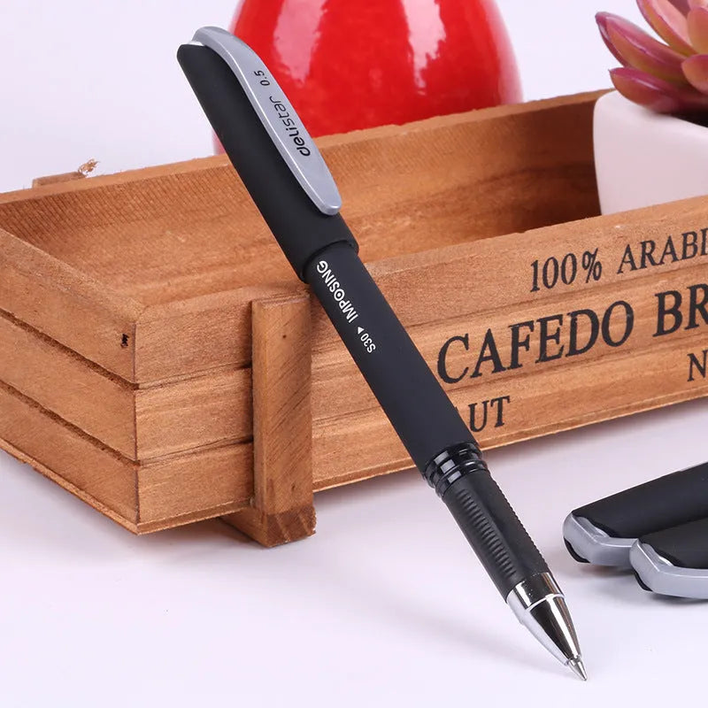 Frosted black 0.5mm quick dry business pen on white background