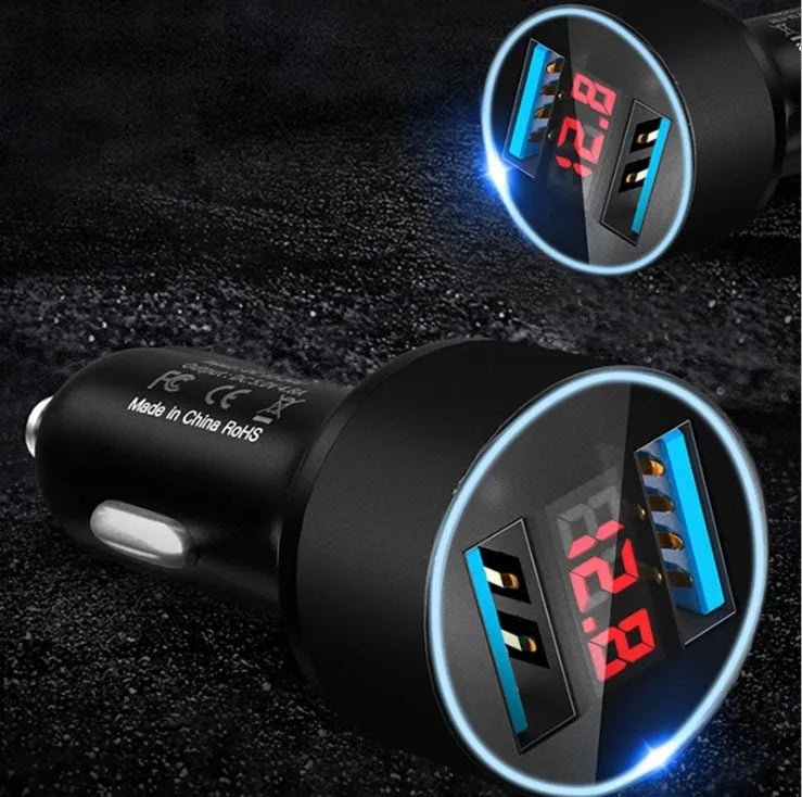 Dual USB car charger with digital display showing battery voltage, aluminium alloy ring, silver colour