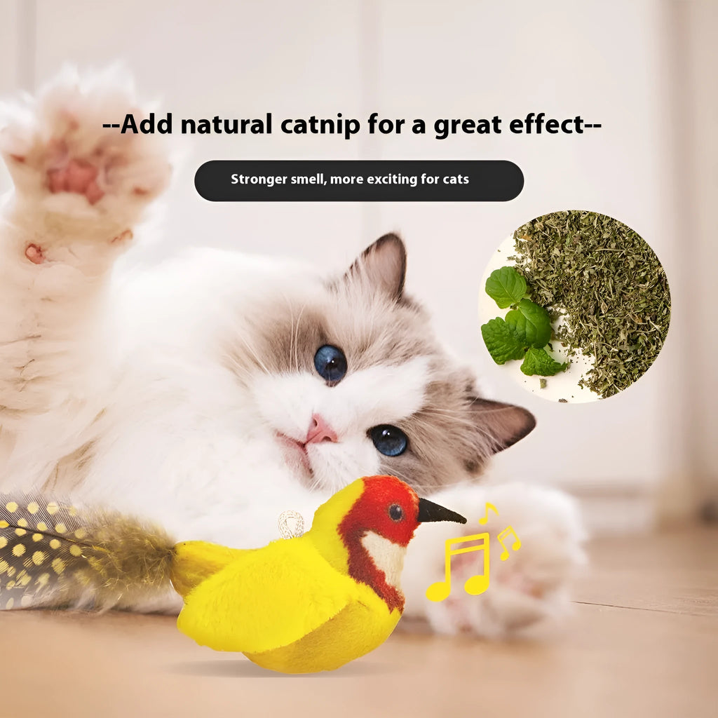 Bird simulation plush cat toy in colourful bird, sparrow, blue kingfisher and yellow bird colours from 2024 summer collection