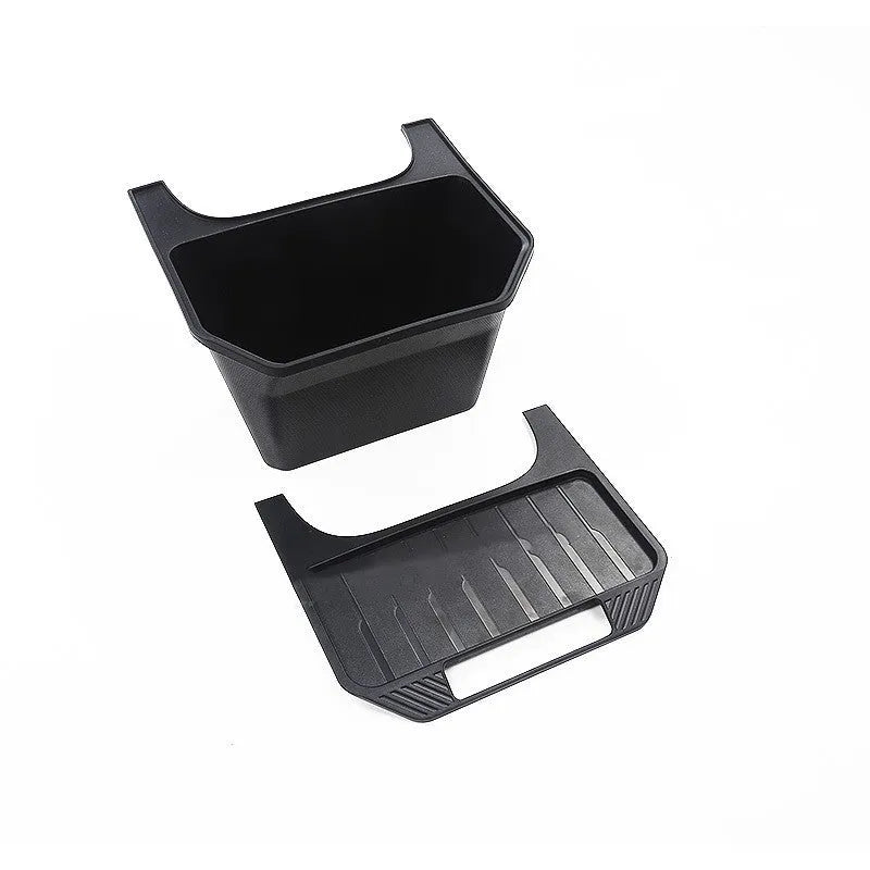 Black rectangular plastic rear middle storage box with handle on car seat