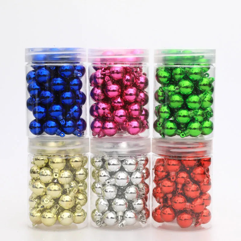 48 mini electroplated glossy Christmas hanging balls in red, gold, silver, rose, blue, and green