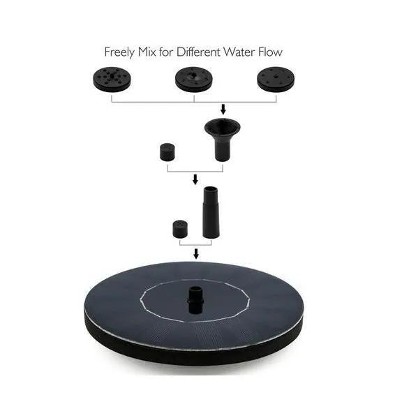 Black solar floating fountain pump with four spray nozzles for garden ponds and water features