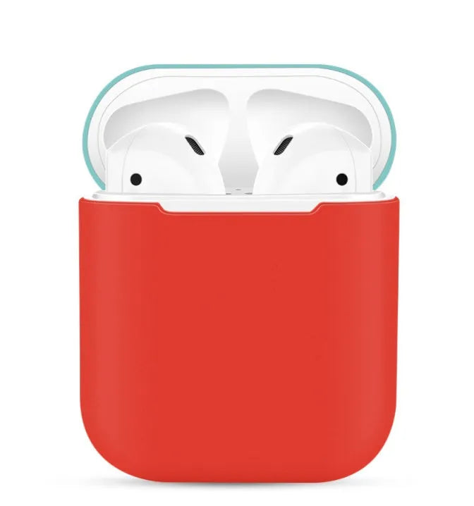 Silicone protective cover for Apple AirPods charging case shown in multiple solid colours including black, blue, and pink.