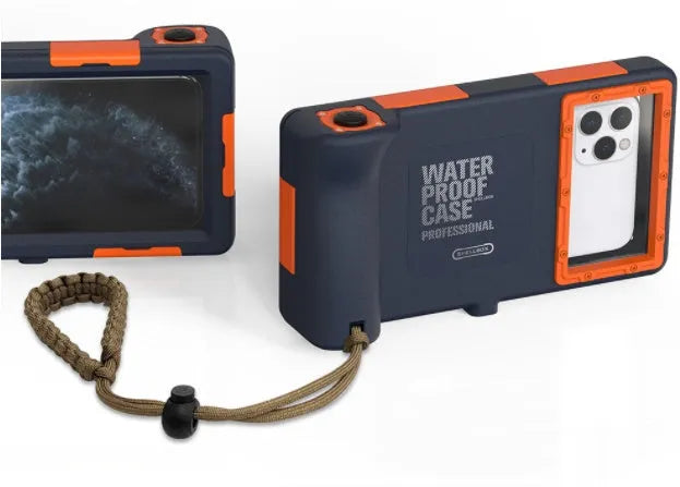 Transparent waterproof phone case for iPhone and Samsung devices in orange colour