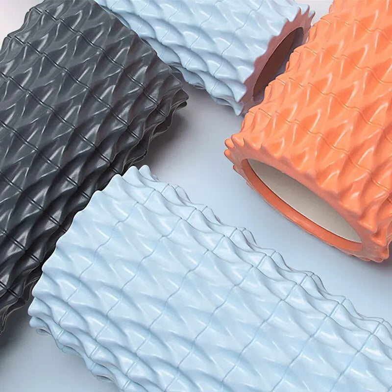Fishbone foam massage roller in ocean blue, deep sea grey, coral orange or pink, 30x10cm or 33x14cm, EVA and PVC yoga pillar.
