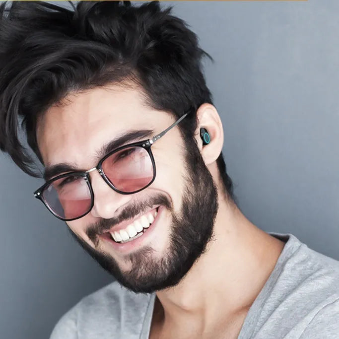 Samload Wireless Headphones 5.0 Bluetooth earbuds in black with ear hooks and charging case