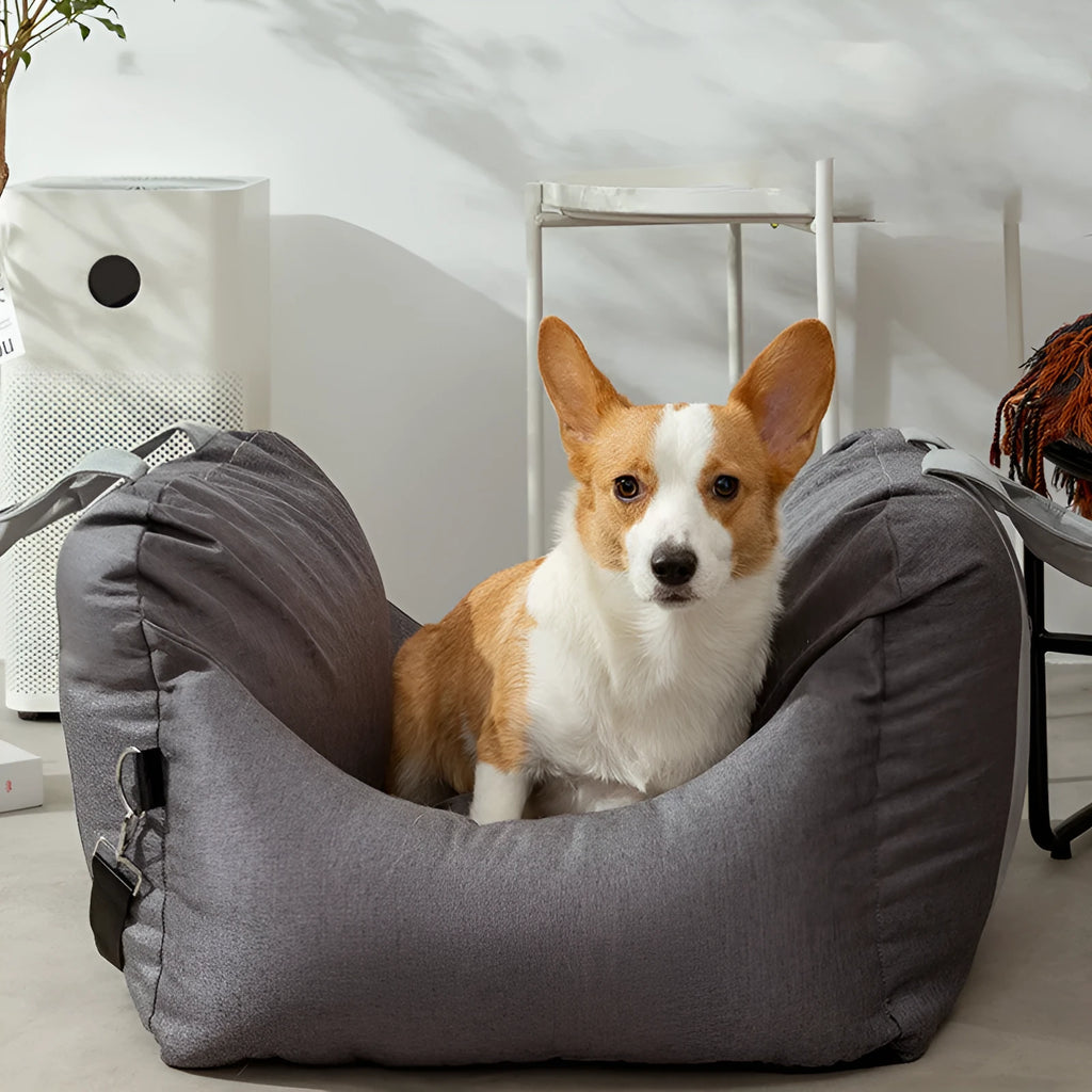 Dog car kennel cushion for co-driver seat in grey cationic linen, suitable for pets under 10kg