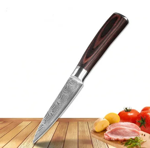 7Cr17 stainless steel kitchen knife with Damascus patterned 18 cm blade and coloured wood handle