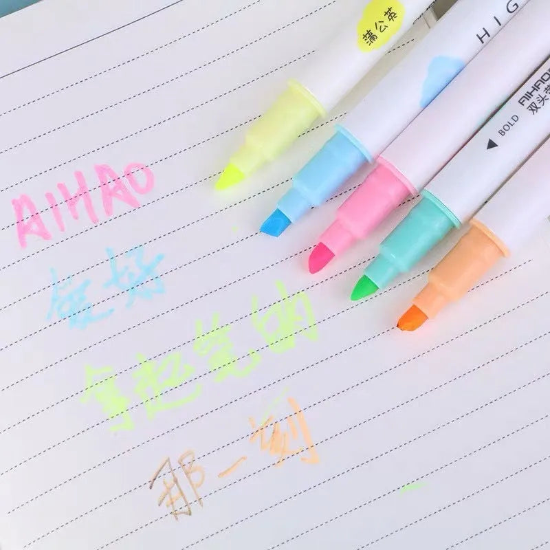 Five double head gel pens with highlighter function in blue, pink, green, orange, and purple colours