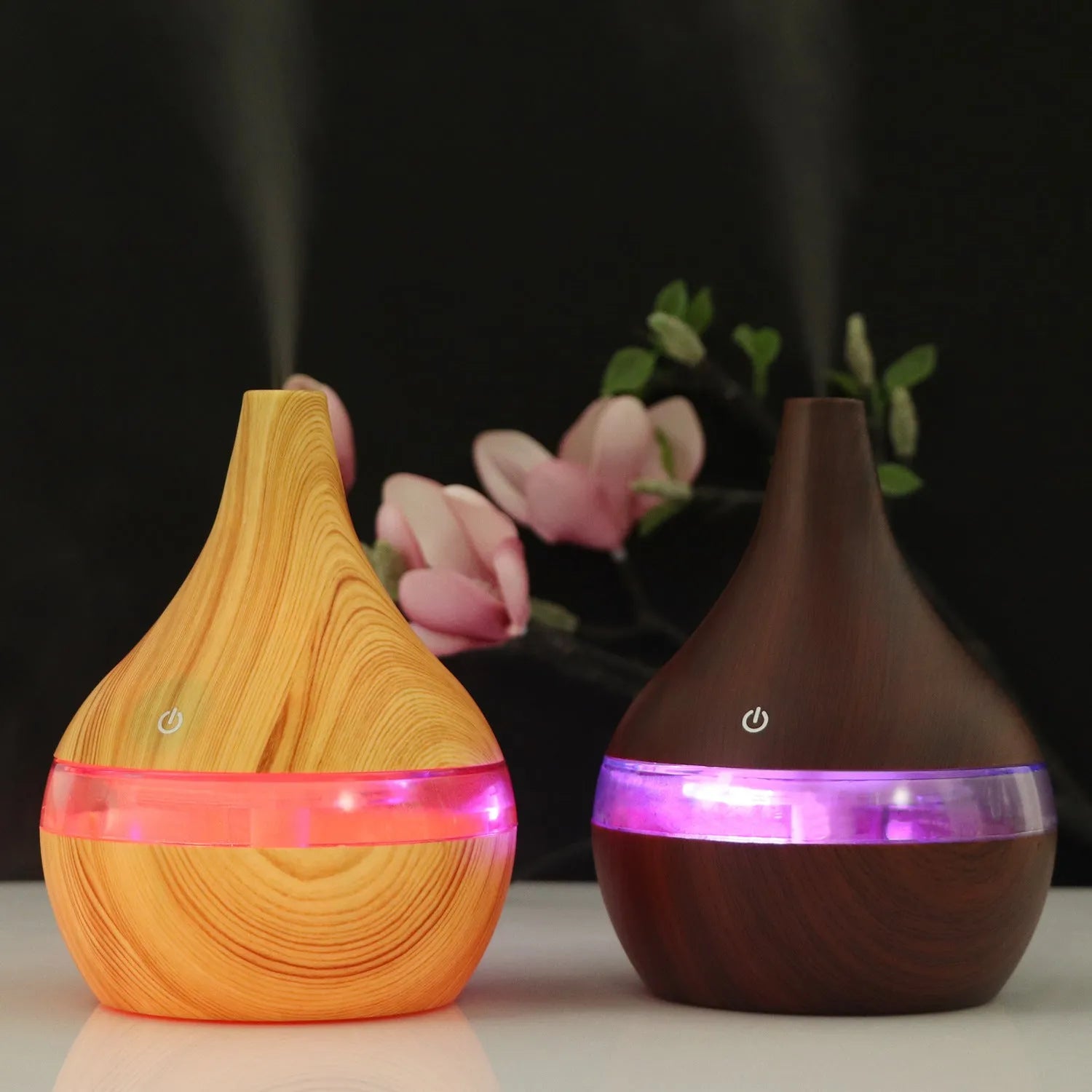 USB-powered mini humidifier in columnar design with wood grain finish and remote control