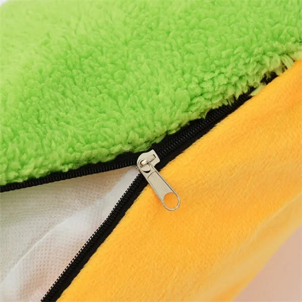 Hot dog shape pet kennel bed with PP cotton filling, short plush surface, removable washable cushion and non-slip bottom
