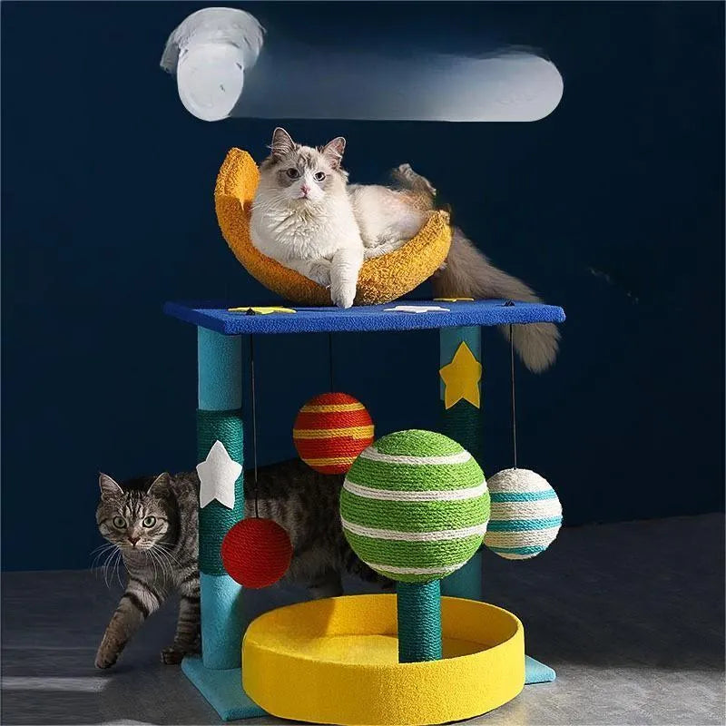 Star cat climbing frame with shelf, cat nest, and small tree in teddy velvet and sisal, cartoon style.