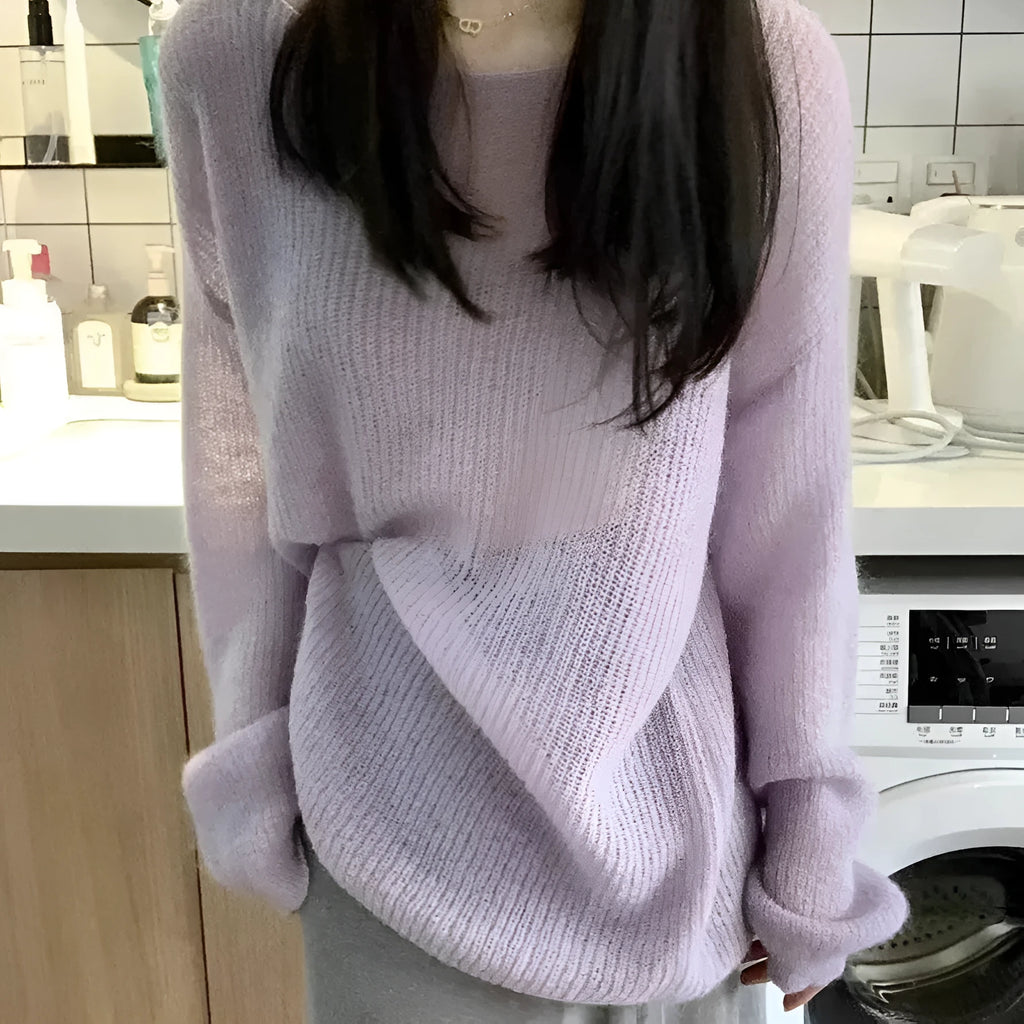 Purple women's blouse with hollow out design and princess sleeves made from ice silk fabric