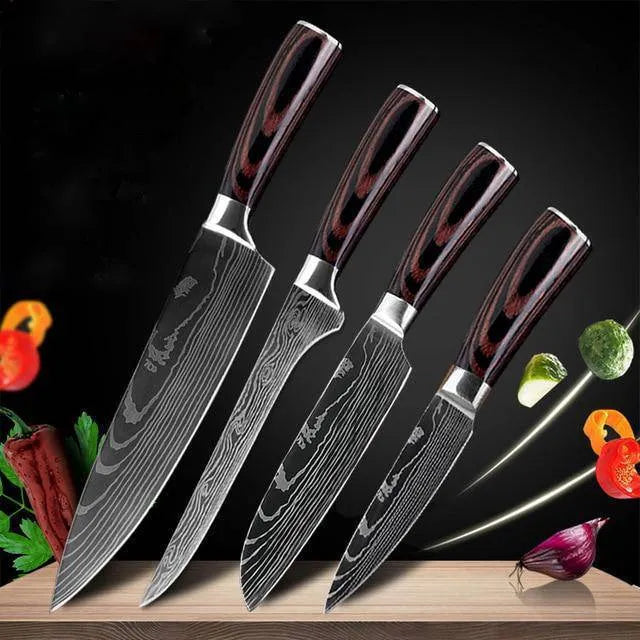 7Cr17 stainless steel kitchen knife with Damascus patterned 18 cm blade and coloured wood handle