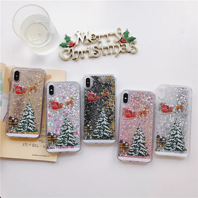 Quicksand effect transparent double-layer phone case for iPhone and Samsung models in various colours.