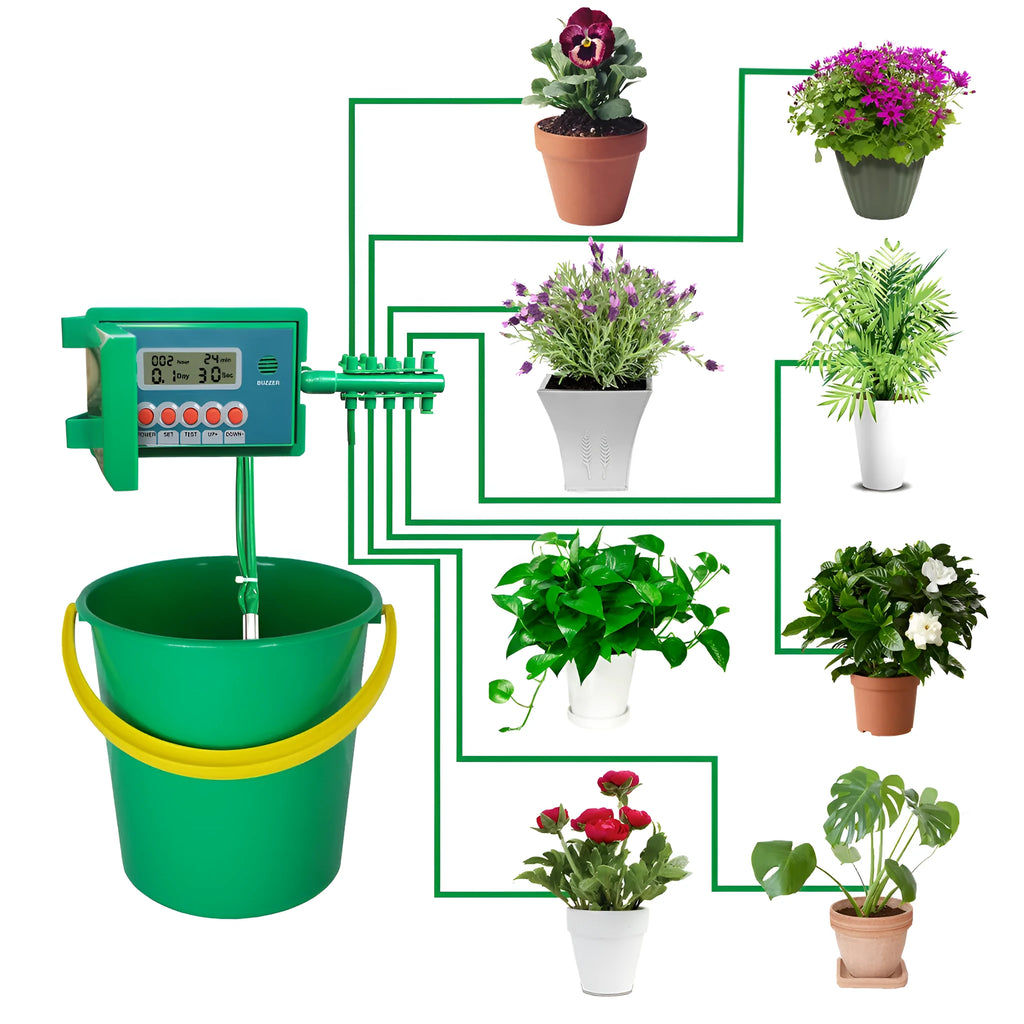 Green ABS automatic micro drip irrigation kit with smart controller, pump, 10 m vinyl tube and ten stainless steel pegs