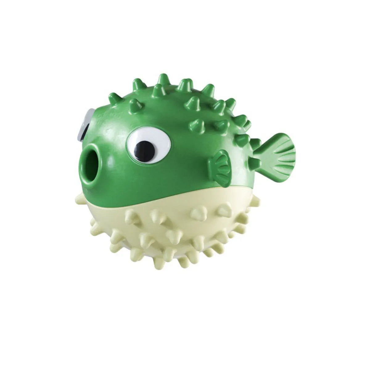 Yellow durable vinyl fish-shaped dog chew toy with squeaker for aggressive chewers.