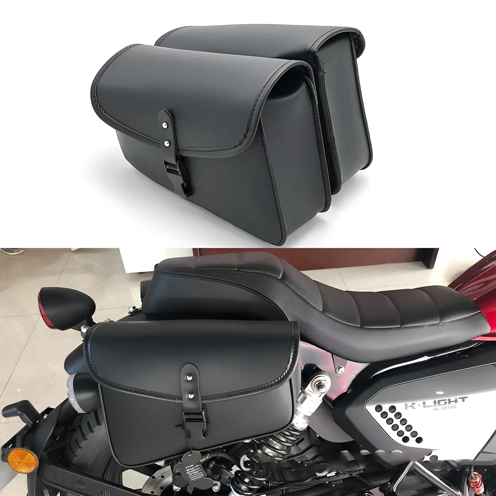 Black PU leather motorcycle swingarm saddlebag mounted on a Harley Sportster rear wheel assembly.