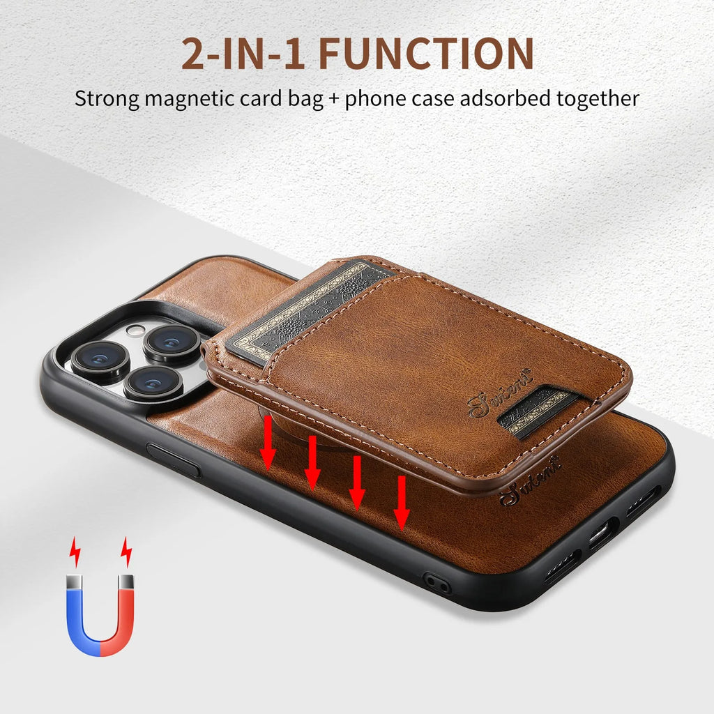 Black silicone Magsafe iPhone case with built-in rear card holder and oil wax pattern finish.