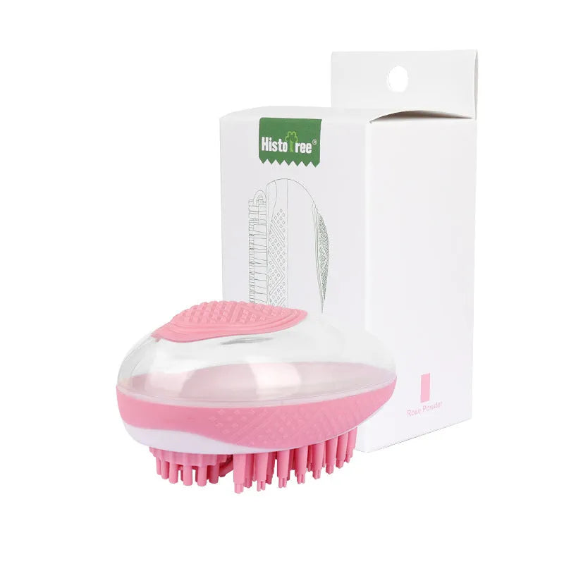 2-in-1 pet bath brush with soft silicone bristles and non-slip grip, in green, for grooming dogs and cats