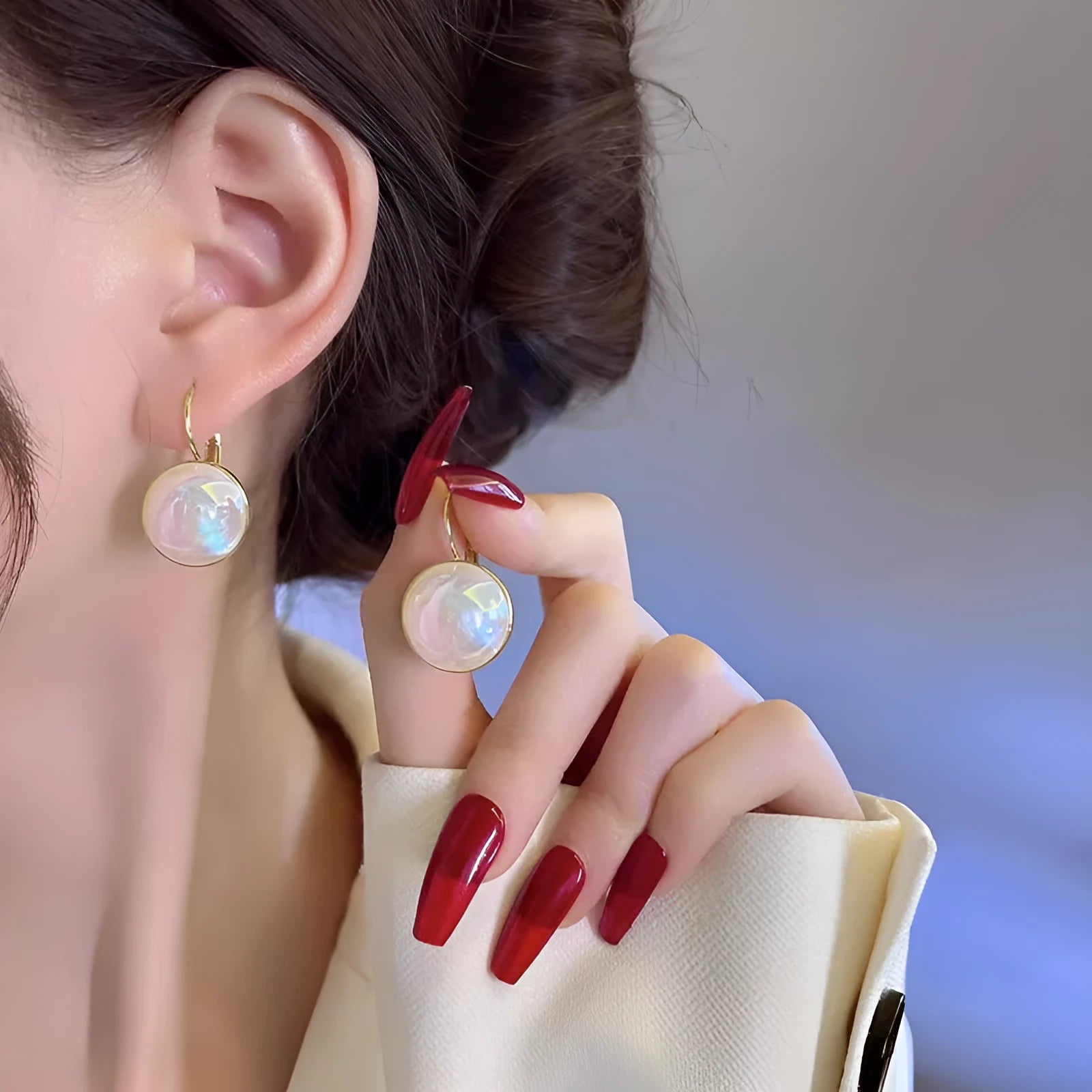 Geometric round mermaid pearl ear clips with colourful electroplated finish and anti-lost design
