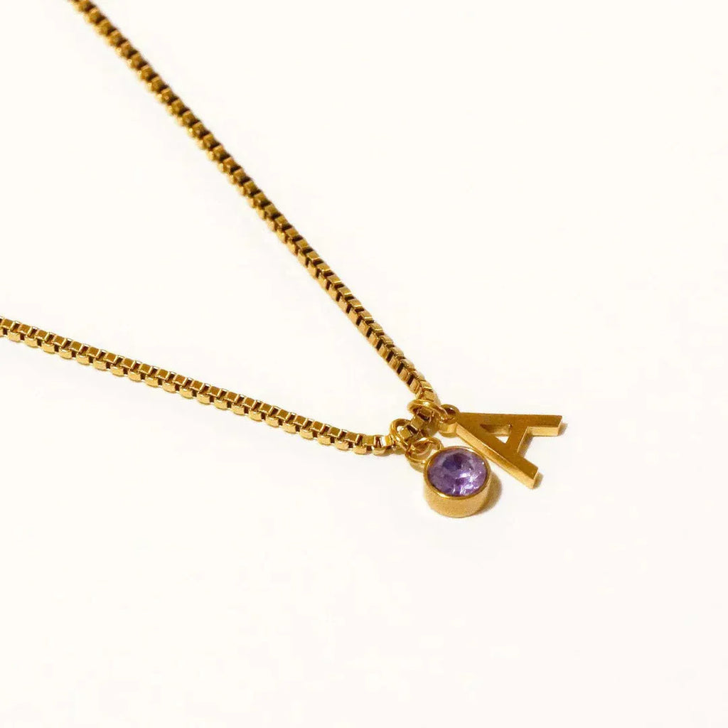 Stainless steel birthstone first letter necklace with O-ring chain, titanium steel pendant, gold or silver finish