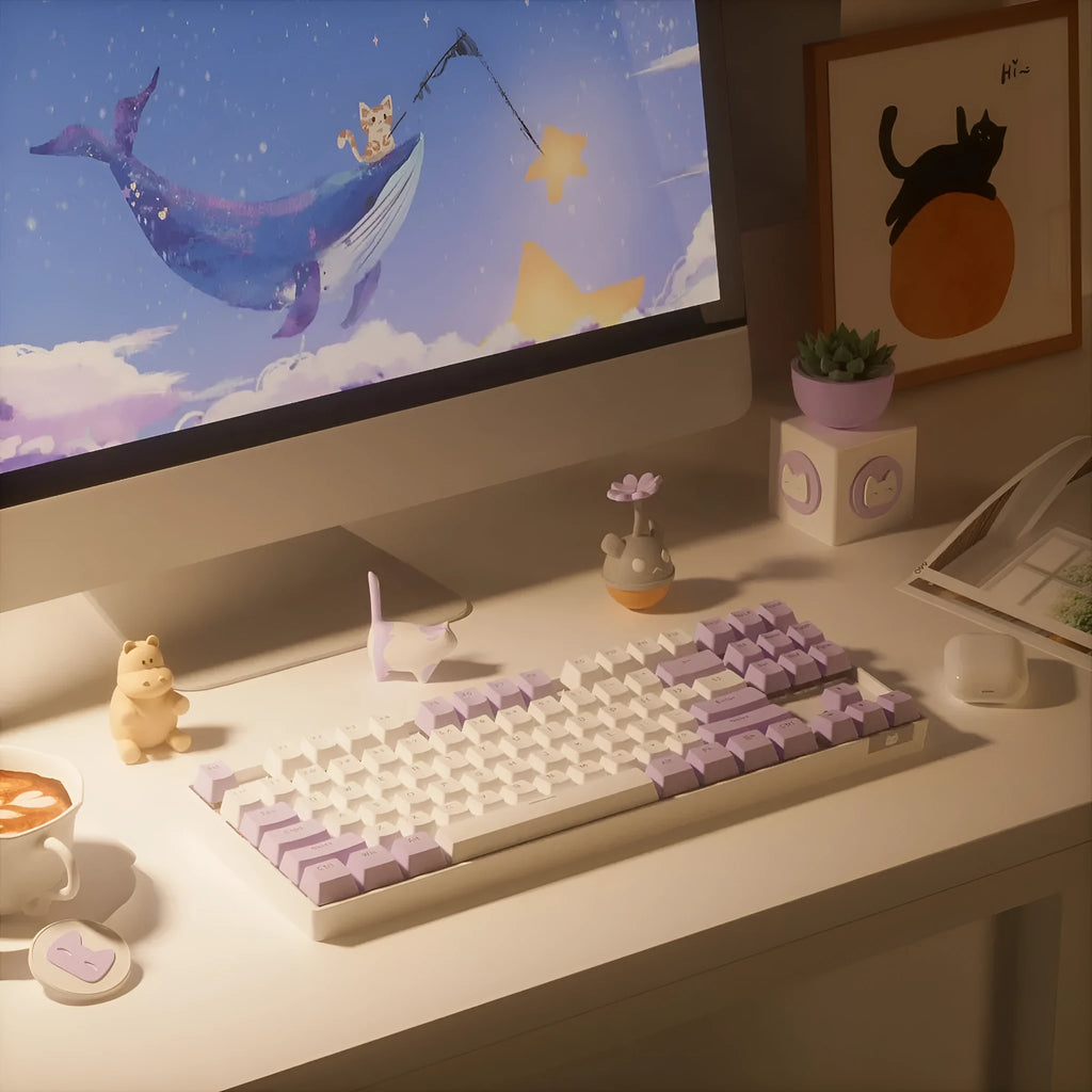 Wireless Bluetooth mechanical keyboard with metal construction in blue white and purple white colour options