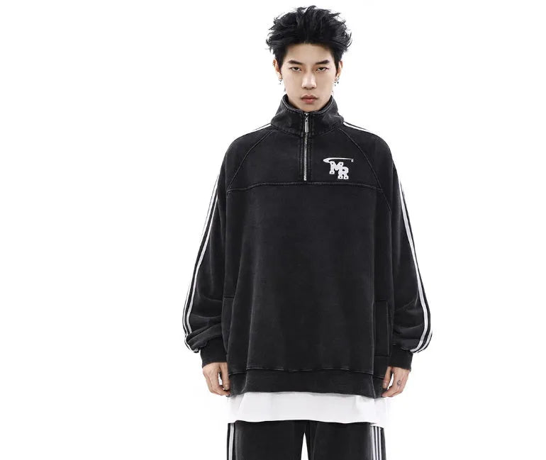 Black stand collar hoodie coat in American retro style with long sleeves and Hong Kong fashion details