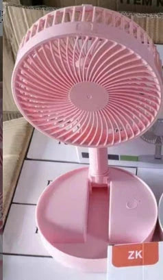 A versatile portable fan with adjustable speeds, long-lasting battery, and compact foldable design for use in office, kitchen, camping, and more