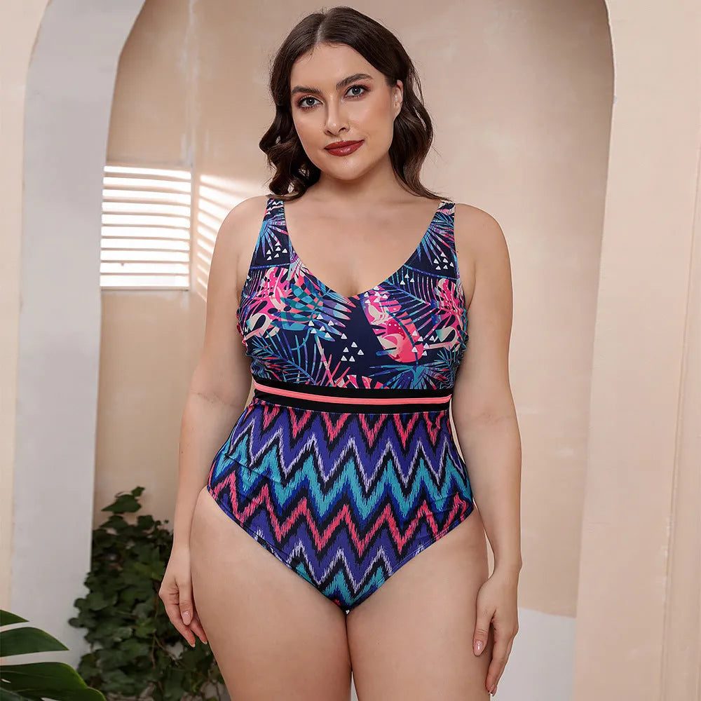 Women's blue printed spaghetti strap one-piece swimsuit with striped vest design for swimming sports