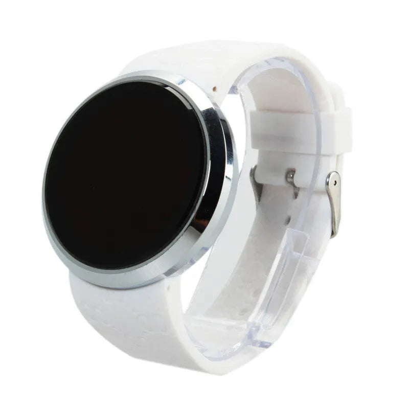 Round LED electronic watch with 11mm case, glass mirror, alloy base, and PU strap in white or black