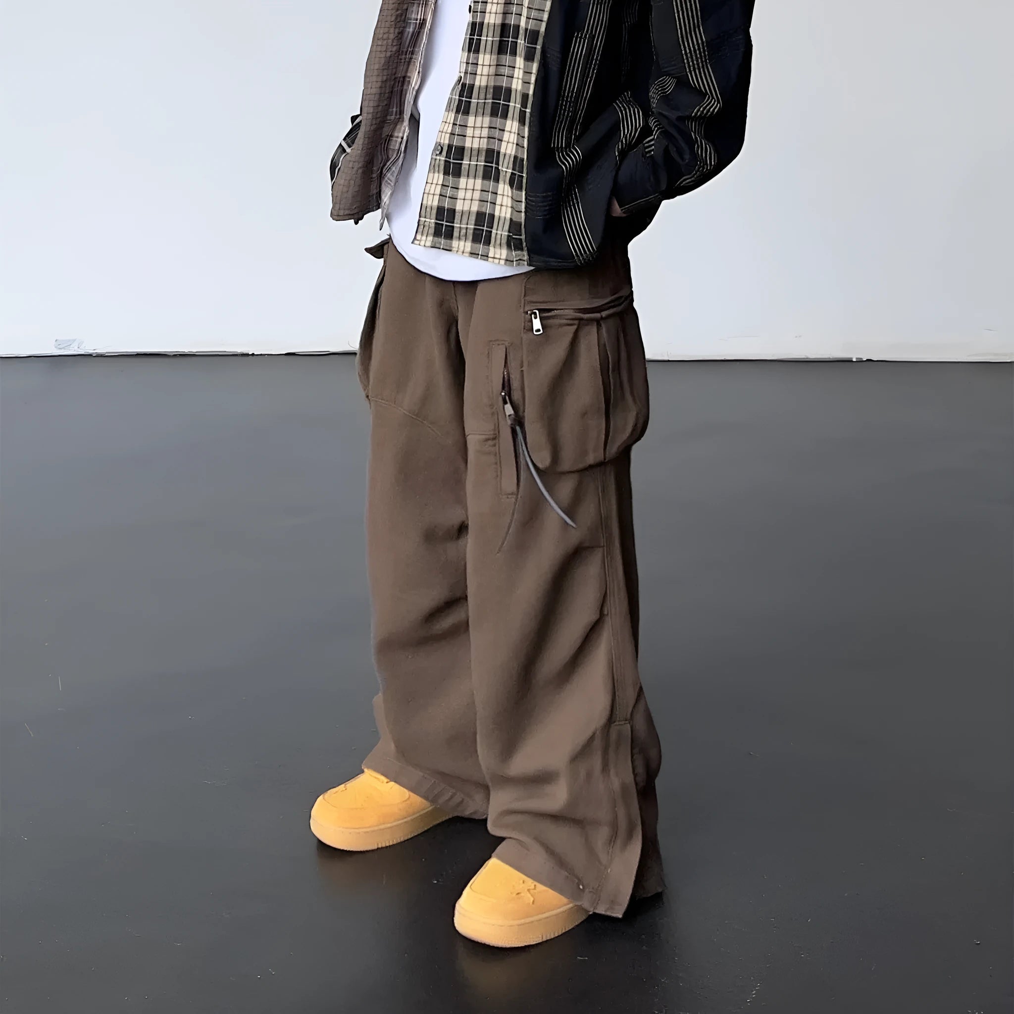 Women's high waist wide leg trousers in coffee colour, loose fit polyester casual pants