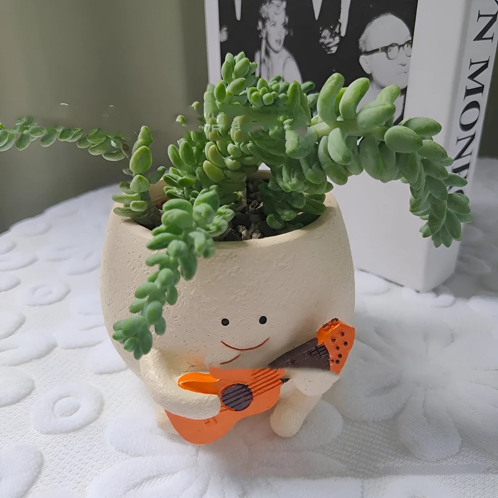 Ukulele-shaped resin succulent flower pot in office decoration setting.