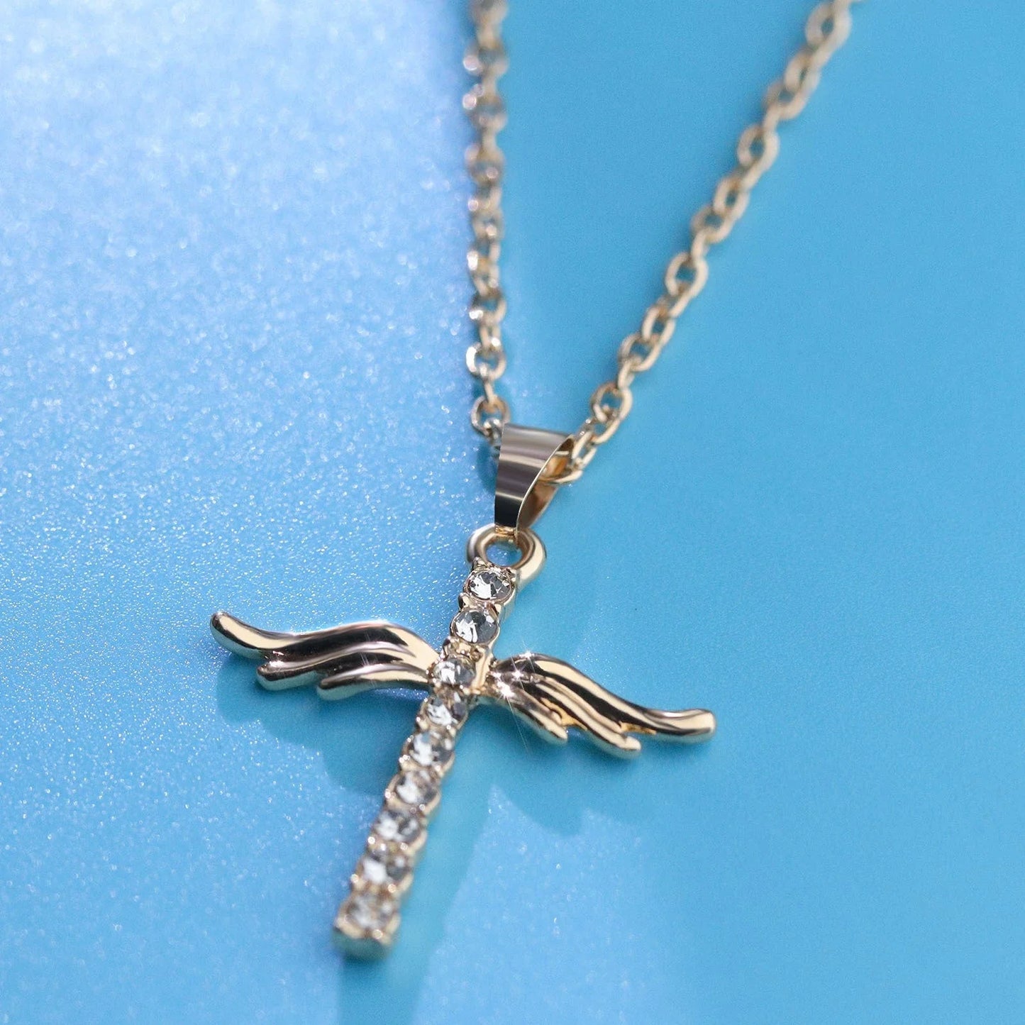 Elegant angel wings cross pendant necklace with stainless steel chain for women's fashion and jewelry gift