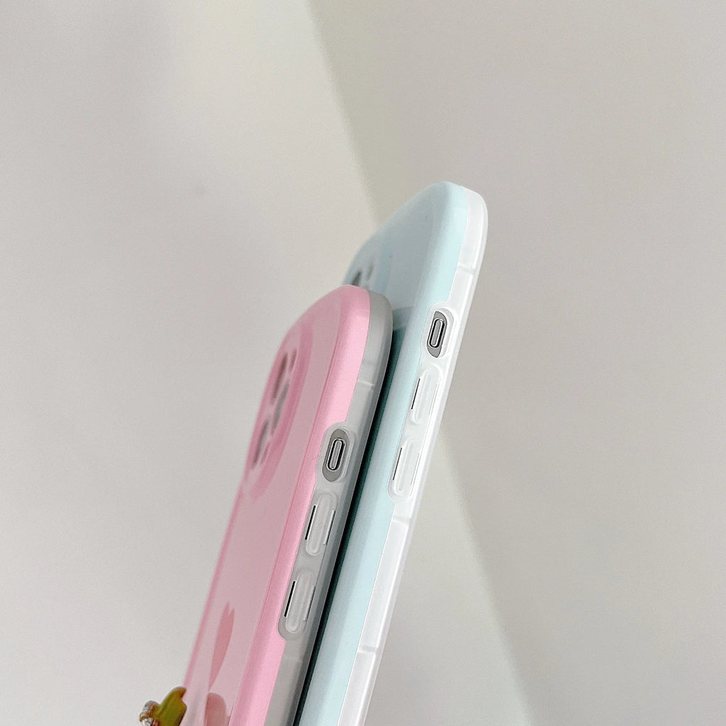 Cute macaron colour love phone case for iPhone in pink, purple, blue, and white options with TPU PC hard back cover