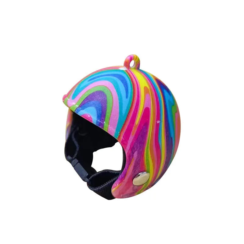A small plastic pet helmet for chickens, showing one of the 12 design variants including rainbow, zodiac, or smiley face prints.