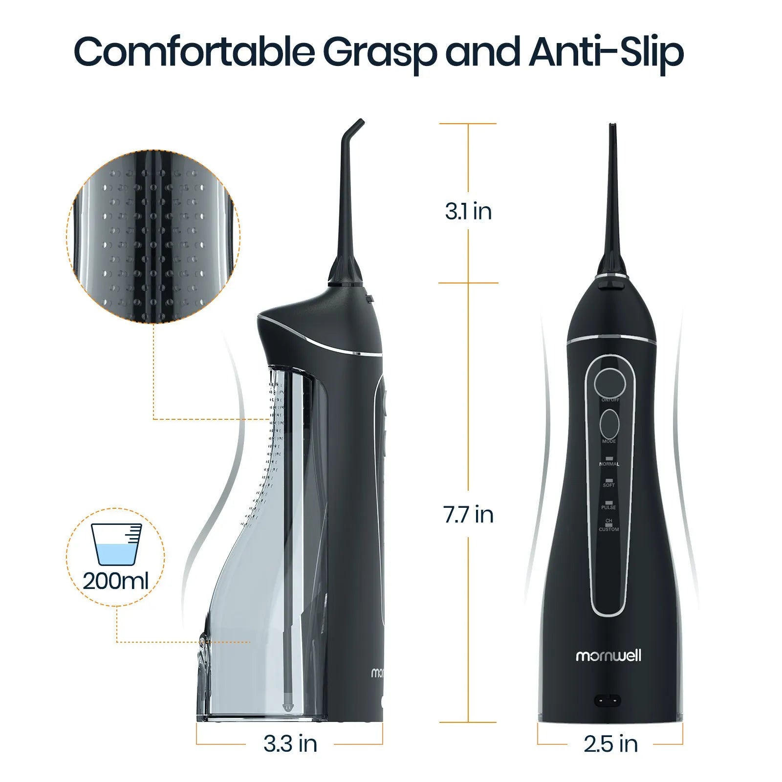 Black portable oral irrigator water flosser with built-in battery for adult home dental care.