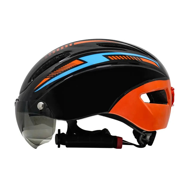 Adult cycling helmet with integrated red taillight on the back, shown in a blue, white, and black colour scheme.