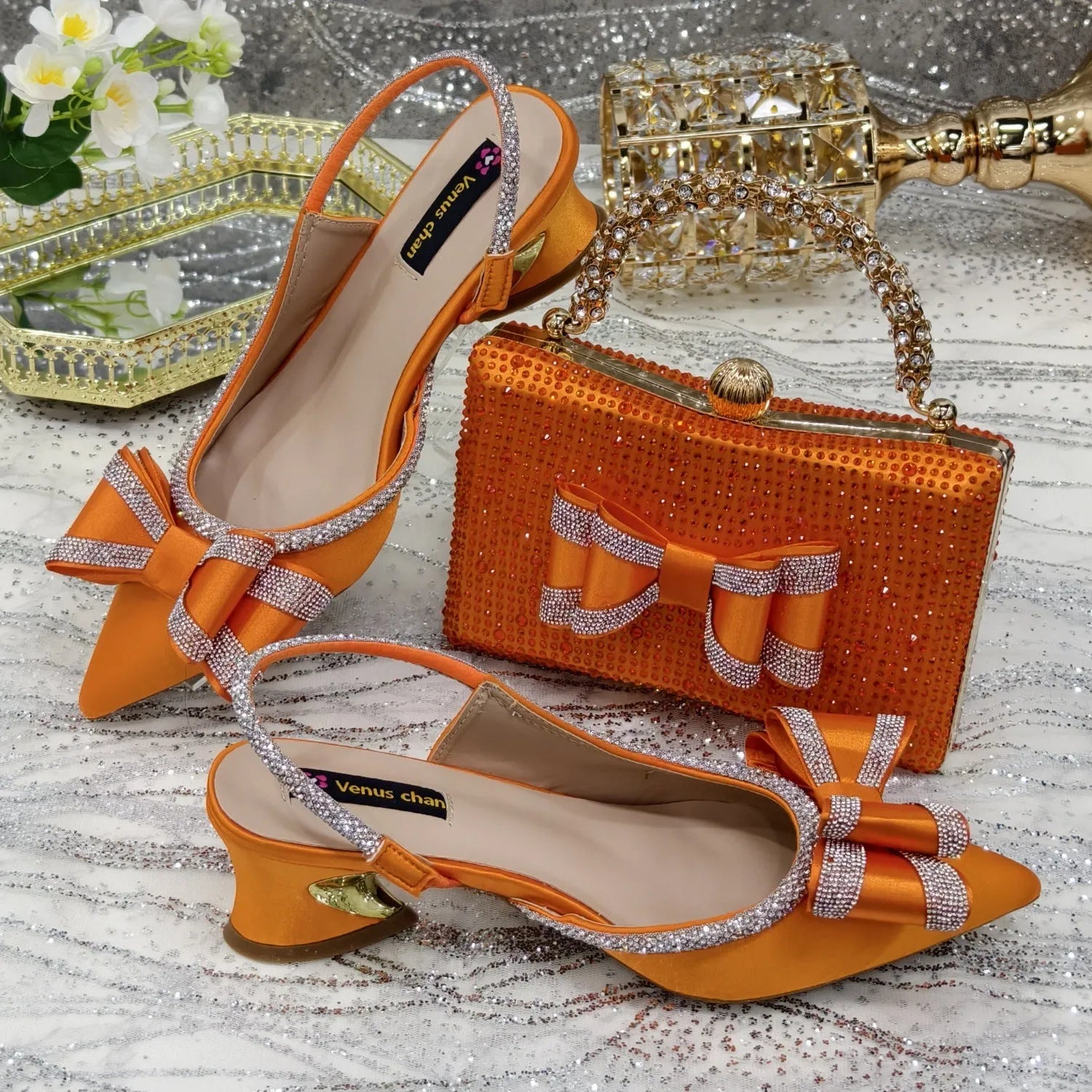Women's pointed toe sandals with square buckle and matching rhinestone bag set on mid heel