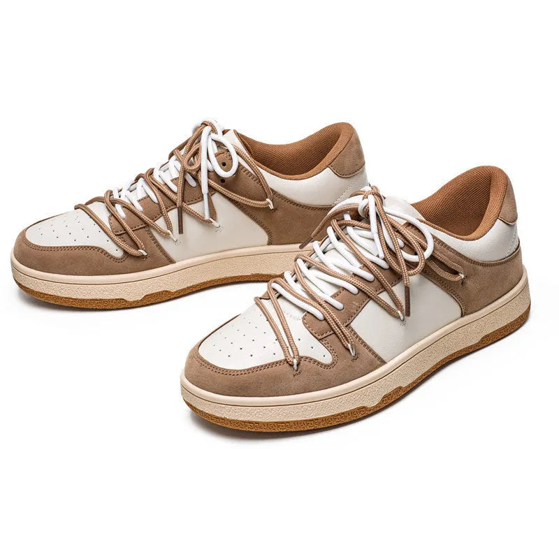 Men's low-top lace-up sneaker in beige with height increase, microfiber upper, and rubber sole on flat surface