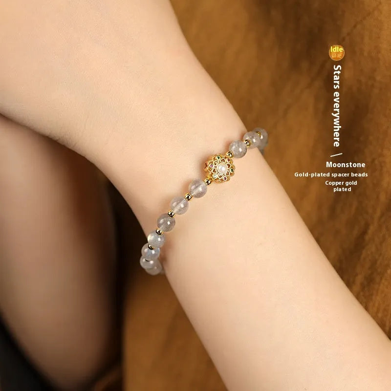 Gray moonstone crystal bracelet hand-woven with peach blossom strawberry quartz and pink sunstone 6mm beads