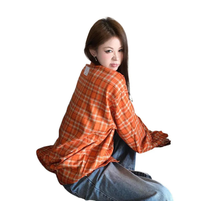 Loose fit retro orange plaid shirt for women with regular sleeves, grid pattern, polyester and acrylic blend