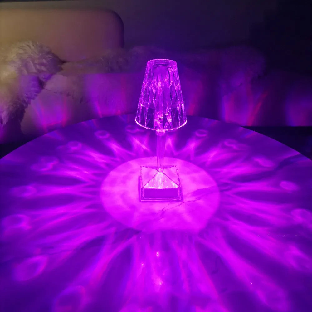 Portable diamond table lamp with touch control, 26.8cm height, 12cm diameter, showing white and warm light modes