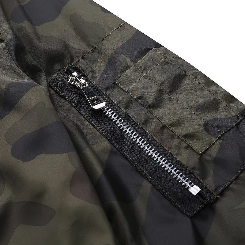 Men's camouflage bomber jacket, stand collar, zip front, long sleeves, welt pockets, army green or dark grey